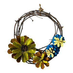 Vintage Twig Wreath with Hand Painted Pinecone Flowers Rustic Wall Decor